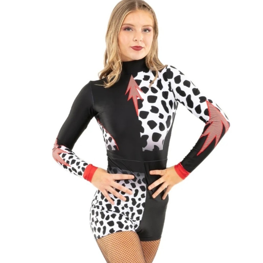 Dalmatian Diva Rhinestone Dance Biketard Long Sleeve Romper Black Red White